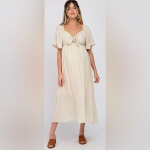 PinkBlush Maternity Dress - Size Small - Beige with Swiss Dot Fabric